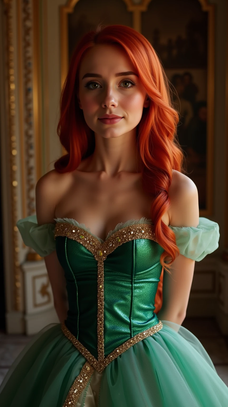 Very Close-up portrait of a demure figure, a teen  in a ariel costume, ornate ball gown, ((18 years old with tiny breasts; Disney princess Ariel costume; glued to the body; beautiful and elegant; tiny breasts; red hair swept to the side))) and piercing gaze, standing in a dimly lit palace room with ornate designs and a high ceiling, with just a hint of early morning sunlight peeking through the windows. She stands firm, hands clasped behind her back, as she gives a slight  smile. The lighting in the room is dim with a lot focus on her tiny breasts