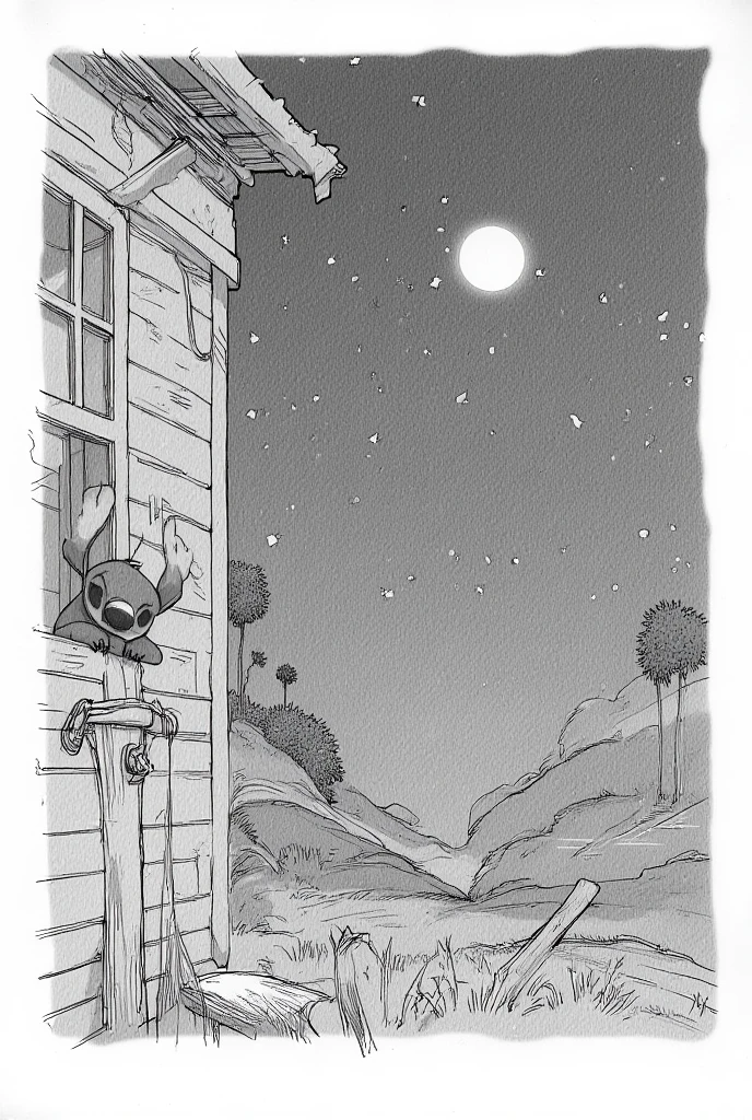  A black and white pencil drawing shows the view from outside the cabin ,  with Disney's Stitch sitting in the window ,  He has his body turned out ,  your arms resting on your legs and hands intertwined ,  looking up at the starry sky .  your expression is sad ,  with his gaze lost in the stars ,  reflecting on his feelings .

 The soft light of the moon illuminates partly your face ,  creating a subtle contrast between light and shadow .  The cabin in the background is rustic and simple .  The scene is serene ,  but there is a tone of loneliness in the environment .

In the field surrounding the cabin ,  the darkness of the night is predominant ,  but the stars in the sky form a bright and silent contrast with the sadness of Disney's Stitch. He is immersed in your thoughts,  completely oblivious to the outside world .