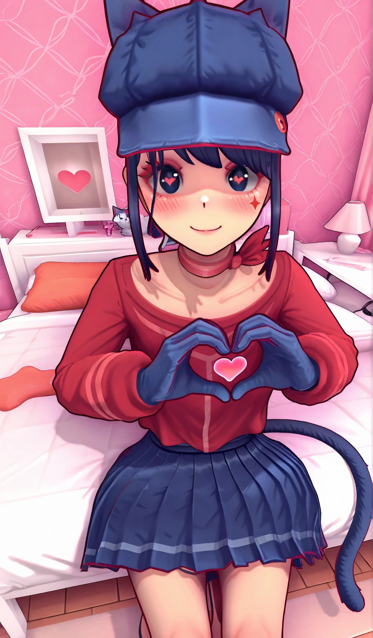 CoolMita, 1girl, hat, gloves, red shirt, blue pleated skirt,,sitting on bed,cat girl, cat ears, cat tail, blush, cute smile, best quality, expressive eyes, perfect face,,heart hands, heart, cool detailed background, aestetic, 