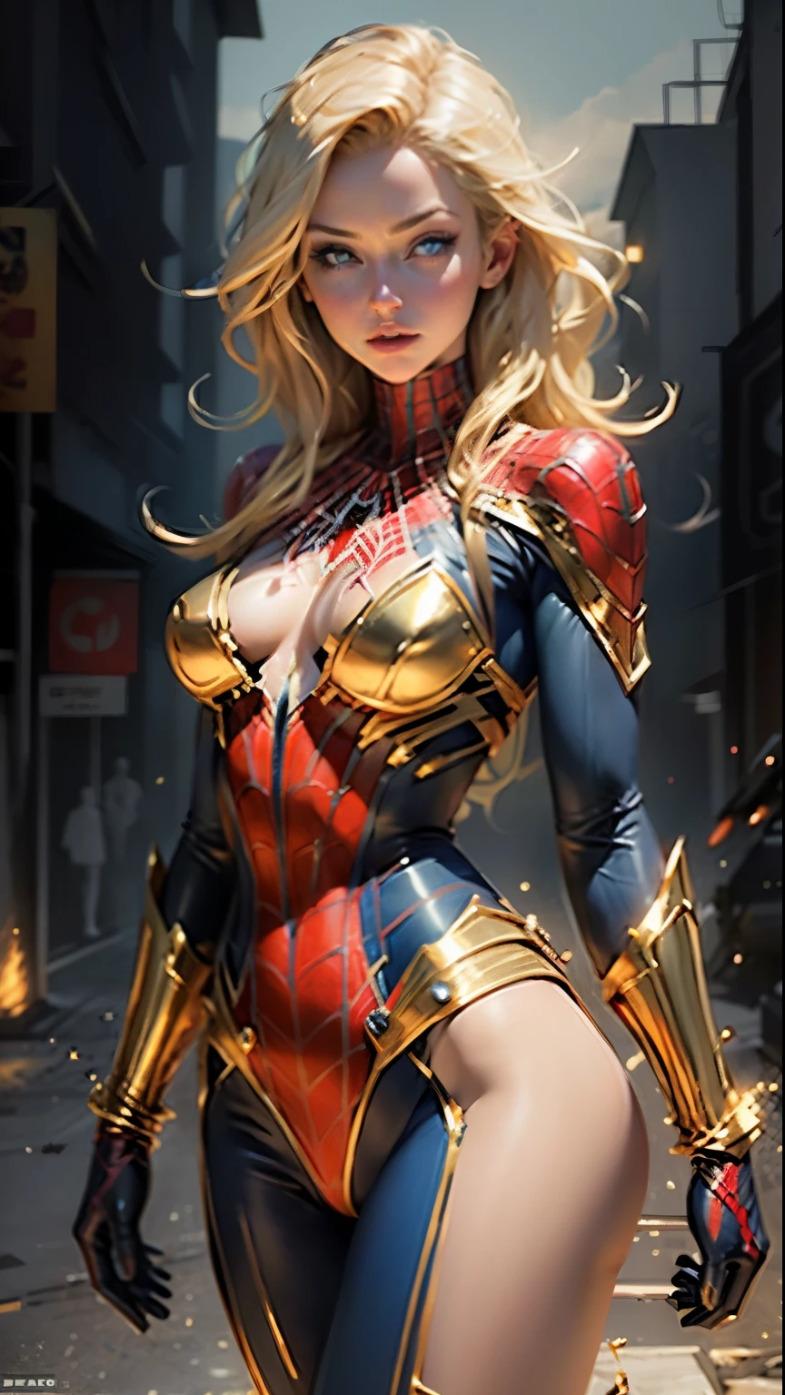Beautiful blonde woman detailed defined body using gold spider man cosplay, tiny breasts, gold sunglasses