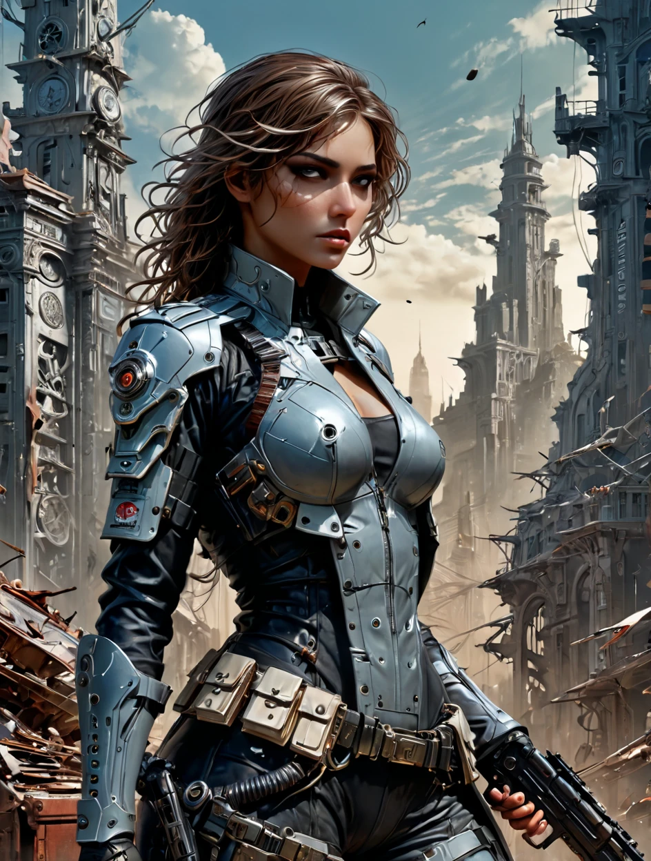 (masterpiece), (best quality), realistic, photorealism, photograph, 1girl, solo, steampunk girl with mechanical arm, messy hair, perfect face, perfect body, good anatomy, steampunk city background, day light, cinematic --auto