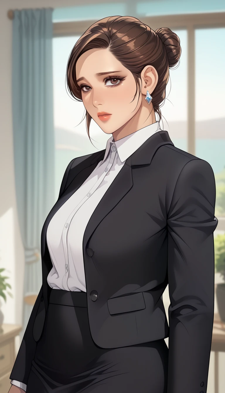 photorealistic, high resolution, 1women, mature female, solo, hips up, black hair, short hair, longsleeve white shirt, belt, pants, police, cleavage, (downblouse), necklace,sharp jawline,makeup, indian jhumka earrings,red lipstick , blazer