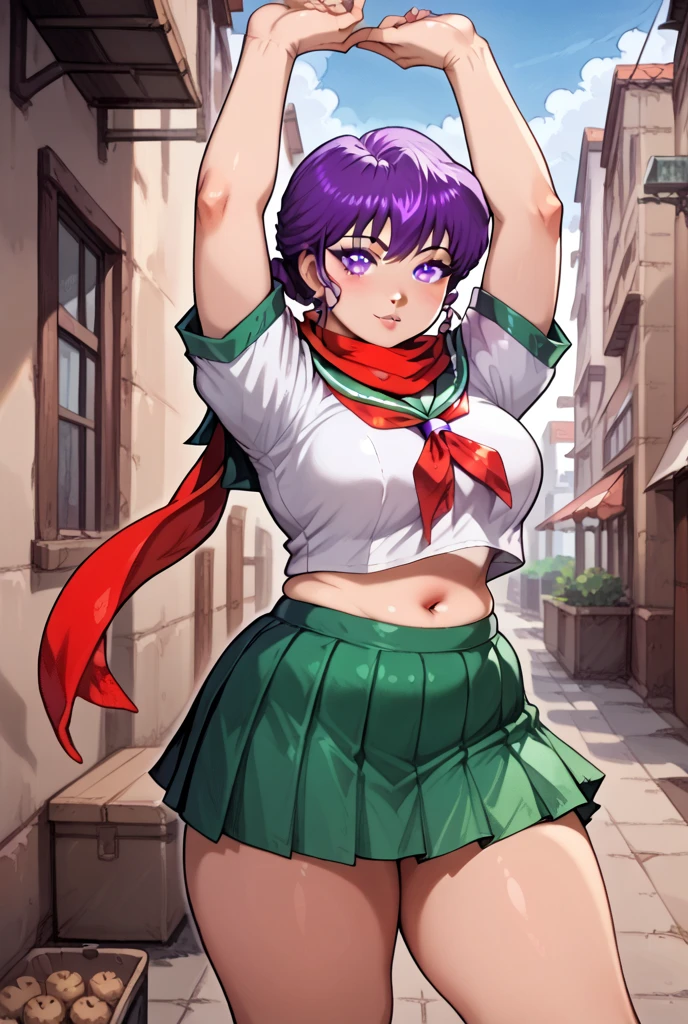  a girl, Alone,  exterior ,  ,   purple eyes,     school uniform  ,(  masterpiece: 1.6,   better quality), (  Pretty and beautiful eyes  : 1.2), (  better quality,   masterpiece, higher), green     school uniform  , soft thighs ,   short sleeves ,    white socks   ,  scenography  ,   better quality, ((  animated)) ((Colored))   High Definition,AthenaAsamiya96 ,    school uniform  s, Standing, Green skirt, red scarf,  ,   purple hair  entre los ojos, The thighs are soft  ,   school funds   ,   purple hair , skirt ,Standing, green skirt, serafuku, belly button, pop, stretching,   both arms up, muffin top,   chubby belly  , (circle shaped belly button)