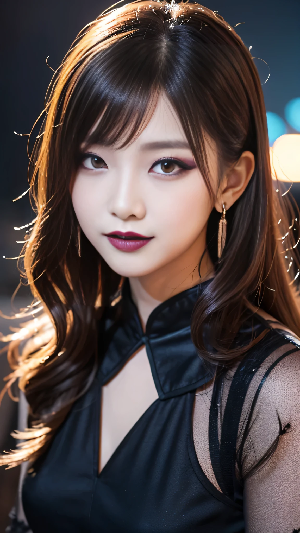 best quality、ultra-detailed、4k、European、Seductive beauty、seductive adult woman、Pretty Woman、cool girl、Villainess、Brainwashed、brainwash、Fallen into evil、smirk、Evil look、Wicked Smile、evil、Brown hair、wavy hair、swept bangs、dark makeup、dark makeup、piercing eyes、hollow eyes,half-closed eyes、Hollow Eyes、purple Eyeshadow、black lipstick、black lipglos、Dark Costume、Costume of Evil、female cadres、night、inside school、Have lipstick、Emblem of Evil、Crest of Darkness、Swear allegiance、I have pledged my allegiance、Dye black、Blackening、Stained with evil、Dyed in darkness、Seduce
