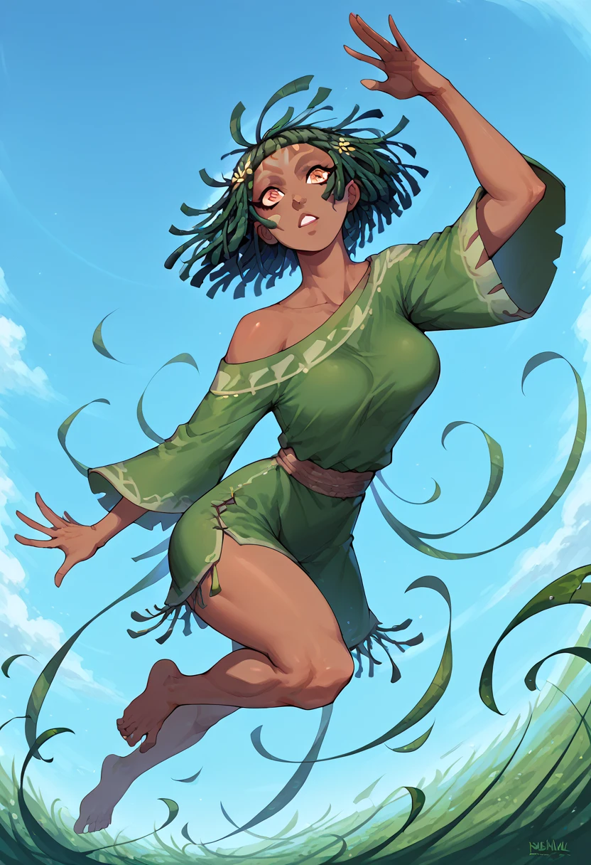 "female alien, Female big chill" humanoid, human hands, human feet, breasts, sensual body, human face, seaweed fringe hair,Flying pose, "necroffigian" BLUE SKY, Cover, 