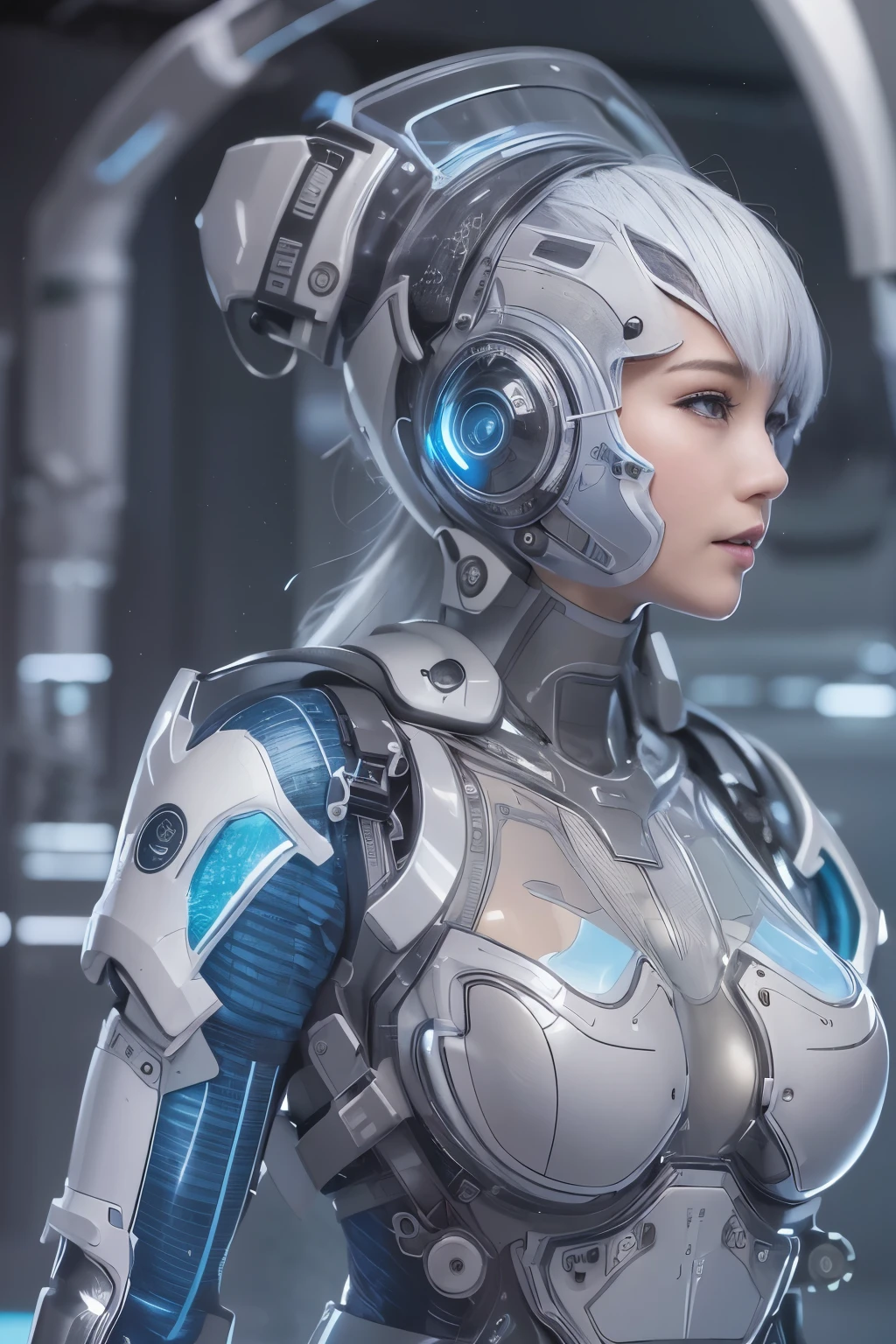 close shot of pretty cyborg lady, lots of details, space ship, futuristic setting, looking at viewer,