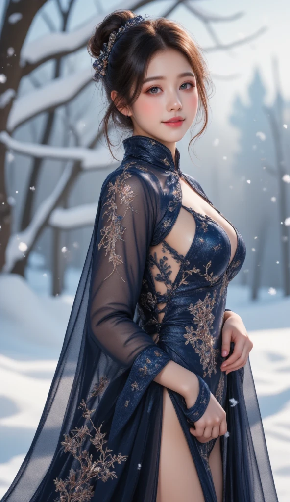 (Background with neon city covered with heavy snow,Blizzard,Without sunlight,Gray atmosphere:1.2),Extreme Clarity,A beautiful girl,Sexy,Standing in the middle of a busy road,Frightened expression,Crowded crowd,High Detail,8K resolution,Clear eyes,Smile,(Brown short hair),Perfect facial features,(Wooden window frames),(Wearing Miao headdress),(emphasize,Wearing a transparent cheongsam,Thin material,chiffon,Light blue transparent:1.5),Hanfu,individual,full-body shot