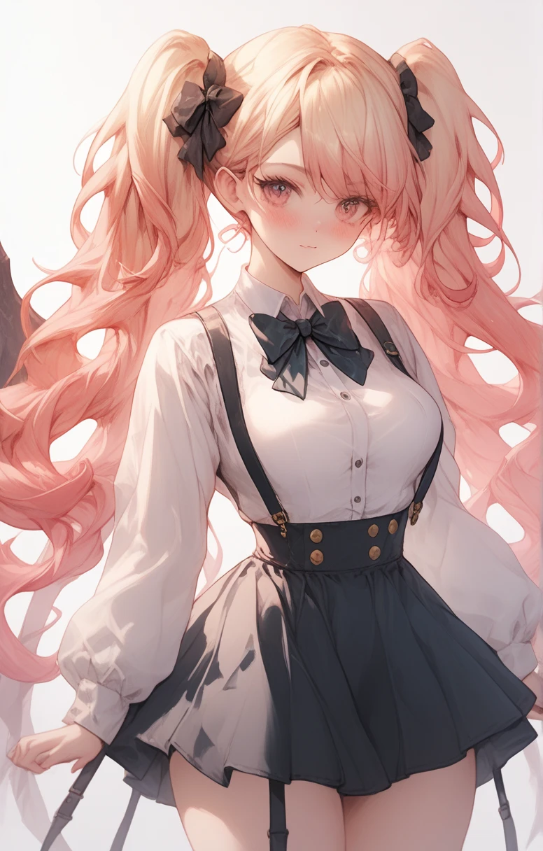 gold-eyed girl, long hair, twin tails, gradient hair, medium and round breasts, medium waist, wide hips, big and round ass, women's dress shirt, skirt box pleats, four buttons on the skirt, short skirt, bow tie, suspenders