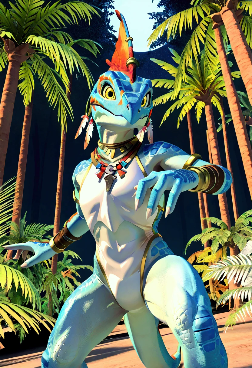 3d , female , SkinkSkirmisher , solo, looking at the viewer seductivly ,scalie ,blue body, blue scales, yellow eyes, simple background, jungle temple background, late night, tropical forest, dense vegetation, wearing edgCarnival, white silver shiny costume with white feathers, jewelry, white feather pan, close mouth, good hand, dynamic angle, dancing pose, beautiful face, flawless face, detailed eyes, large eyes, beautiful girl, low angle view, dancing,