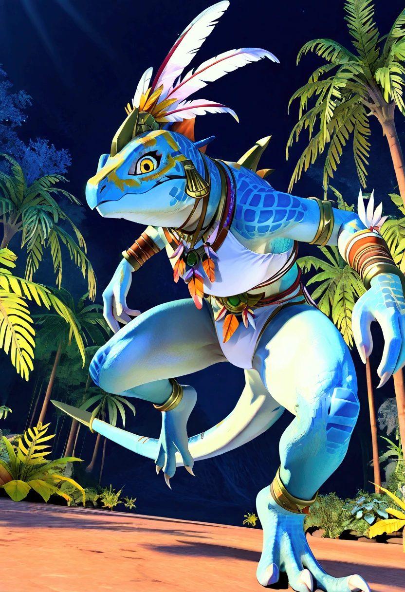 3d , female , SkinkSkirmisher , solo, looking at the viewer seductivly ,scalie ,blue body, blue scales, yellow eyes, simple background, jungle temple background, late night, tropical forest, dense vegetation, wearing edgCarnival, white silver shiny costume with white feathers, jewelry, white feather pan, close mouth, good hand, dynamic angle, dancing pose, beautiful face, flawless face, detailed eyes, large eyes, beautiful girl, low angle view, dancing,