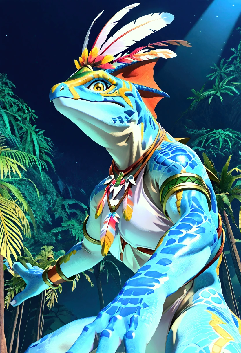 3d , female , SkinkSkirmisher , solo, looking at the viewer seductivly ,scalie ,blue body, blue scales, yellow eyes, simple background, jungle temple background, late night, tropical forest, dense vegetation, wearing edgCarnival, white silver shiny costume with white feathers, jewelry, white feather pan, close mouth, good hand, dynamic angle, dancing pose, beautiful face, flawless face, detailed eyes, large eyes, beautiful girl, low angle view, dancing,