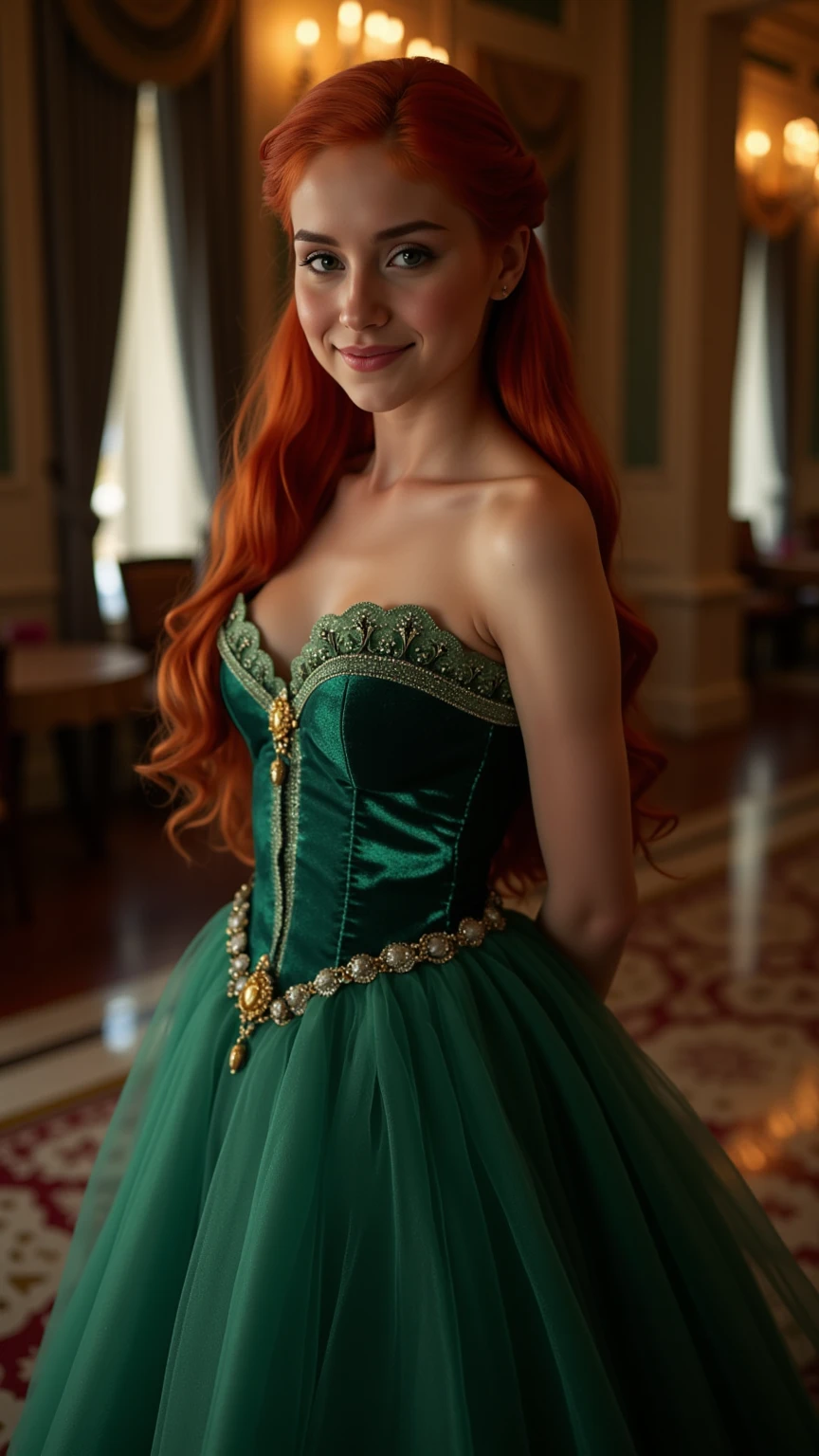 Very Close-up portrait of a demure figure, a teen  in a ariel costume, ornate dark green ball gown, ((18 years old with tiny breasts; Disney princess Ariel costume; glued to the body; beautiful and elegant; tiny breasts; red hair swept to the side))) and piercing gaze, standing in a dimly lit palace room with ornate designs and a high ceiling, with just a hint of early morning sunlight peeking through the windows. She stands firm, hands clasped behind her back, as she gives a slight  smile. The lighting in the room is dim with a lot focus on her tiny breasts