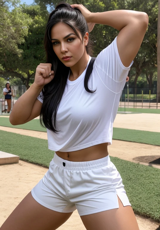 woman in white shirt and black shorts posing in a park, in a fighting pose, lorena avarez, in a fighting stance, posing ready for a fight, she is ready to fight, karla ortiz, alanis guillen, fighting pose, fighter pose, fight pose, julia fuentes, boxing stance, magda torres gurza, ready to fight, latina