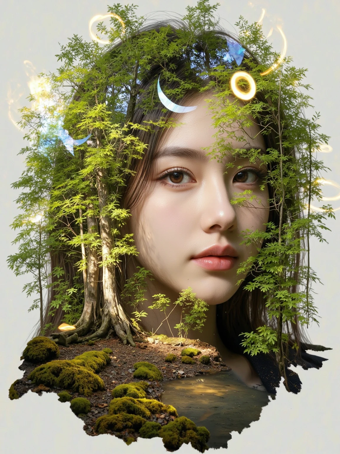 Shadaria Kalil, a surreal double exposure portrait that blends a woman’s face with a natural landscape, The woman’s face blends with elements such as trees and moss, with rich greens and earth tones, the upper part of her face blends with vibrant, leafy treetops, while her eye is a vivid brown, reflecting the earth, The lower part of her face blends with mossy ground and tree roots, creating a smooth transition between human and nature, Outside of her face, you can see the sky and nature, The overall mood is dreamy and mystical, with rich, contrasting colors and intricate details,