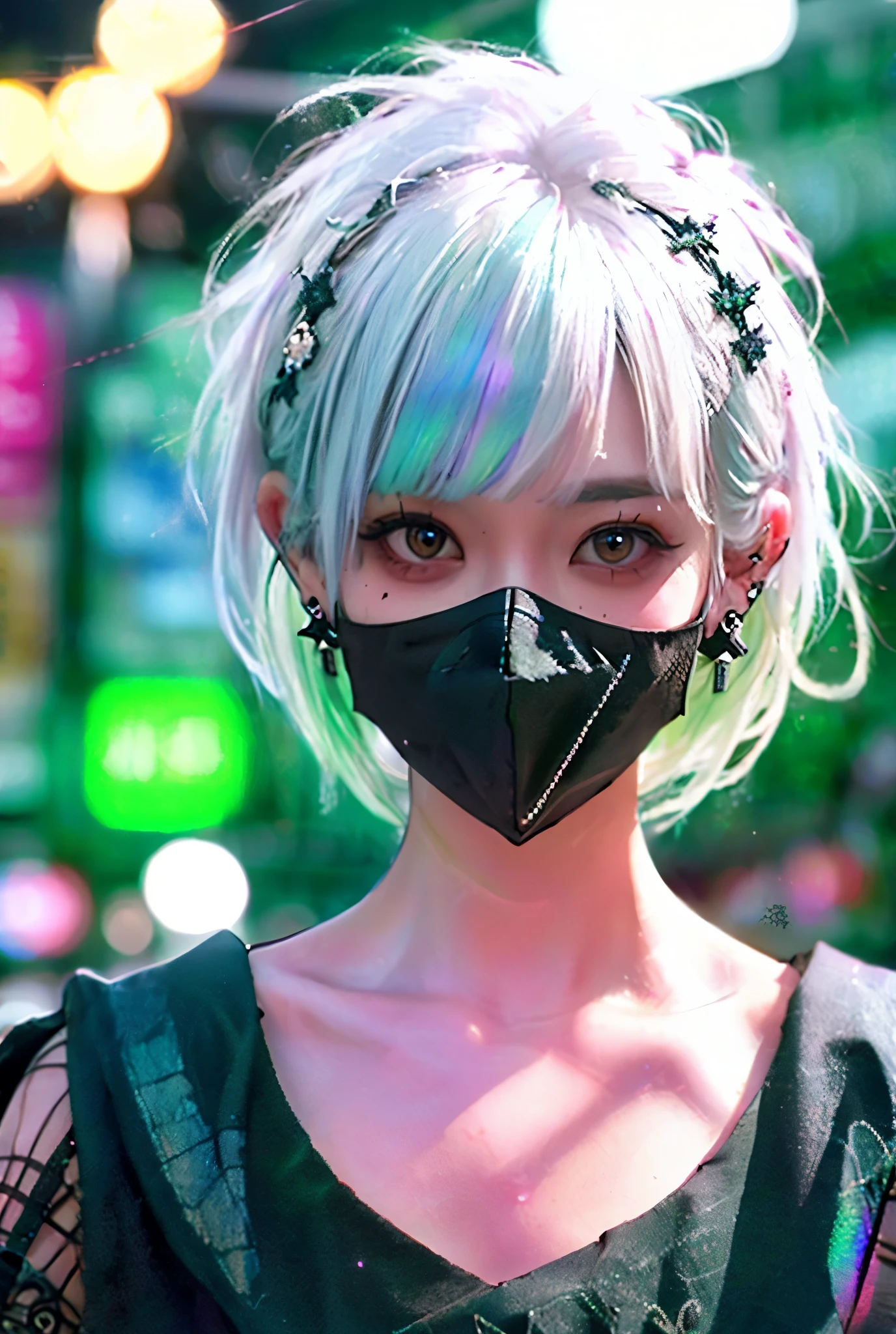 raw photo, goth_punk, 1girl, solo, medium shot, walking in harajuku, ((night time)), bokeh, neon light, iridescent eyes, starry sky, white shimmer hair, white eyebrow, glowing hair, (iridescent white hair), earrings, bangs, jewelry, mask, blunt bangs, green eyes, mouth mask, blurry background, blurry, hair ornament, looking at viewer, short hair, portrait, sidelocks, (masterpiece:1.3), (8K, Realistic, RAW Photos, Best image quality: 1.4),