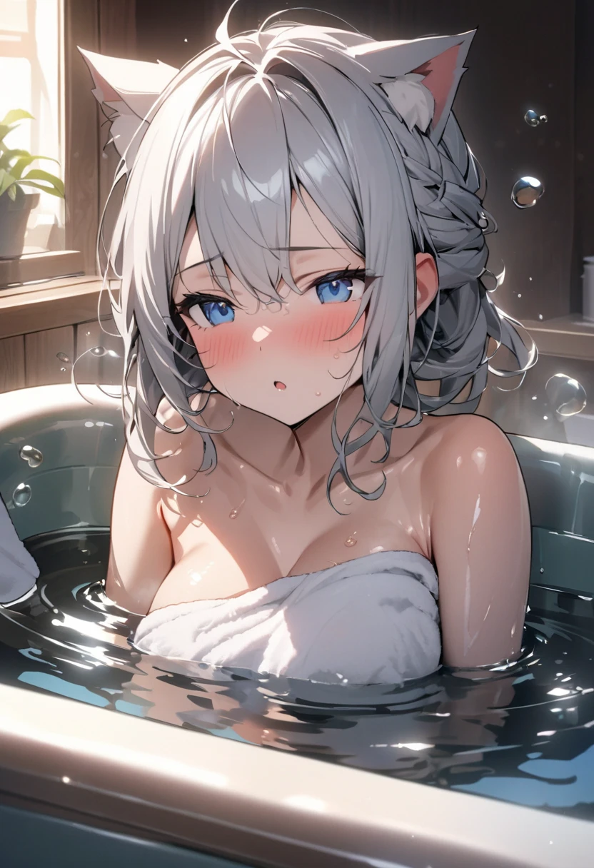 Absurd, Super detailedな,(In 8K:1.3),Masseter muscle area,(masterpiece:1.2)、(Highest quality)、4K、Super detailed、(Movement Structure:1.4)、(Shining Lights、Atmosphere lighting), High resolution, Best Quality、(One girl:1.4),Super detailedな,Bright colors、Treebreak Production Art、(Warm color light source:1.2),High-level image quality、Fine image quality、Intricate details,Volumetric Lighting,Realism BREAK、Profile、 (Idol face:1.2)、(15 years old:1.4)、Very beautiful face and eyes, Beautiful images、 natural make up、big eyes、 taking a bath、(Baby Face:1.5)、(Big Breasts:1.2), (glossy skin :1.5)、(Sweat:1.5), nsfw,(taking a bath:1.5), (bathroom:1.2) 、 (Delicate and detailed、silver hair,a short bob、wet hair :1.4)、 (Beautiful nipples)、(Delicate and detailed、naked)、(curvy body:1.4) ,(embarrassed,)、(White skin:1.4)、(looking down:1.2)、(kneeling down pose:1.5)