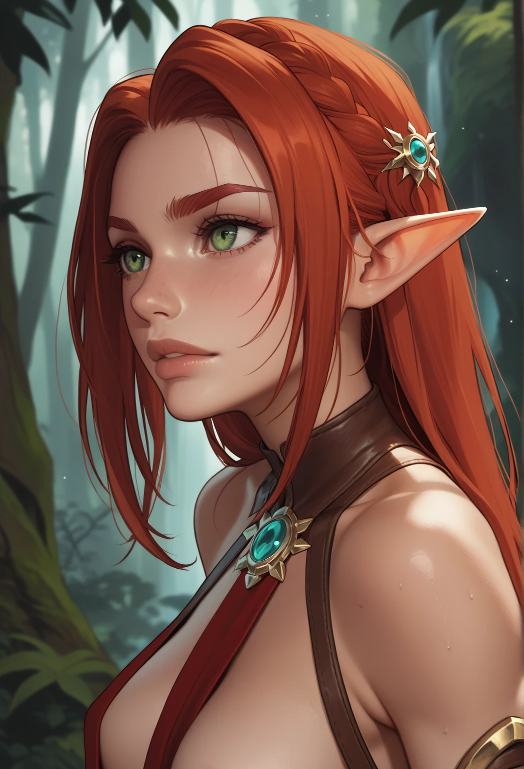 detailed portrait of a cute goblin girl, beautiful detailed eyes, beautiful detailed lips, extremely detailed face, long eyelashes, pointed ears, emerald green skin, reddish-orange hair in a messy updo, wearing a tattered brown dress, standing in a dark and mysterious forest, moonlight shining through the trees, (best quality,4k,8k,highres,masterpiece:1.2),ultra-detailed,(realistic,photorealistic,photo-realistic:1.37),fantasy,digital painting,concept art,vibrant colors,dramatic lighting
