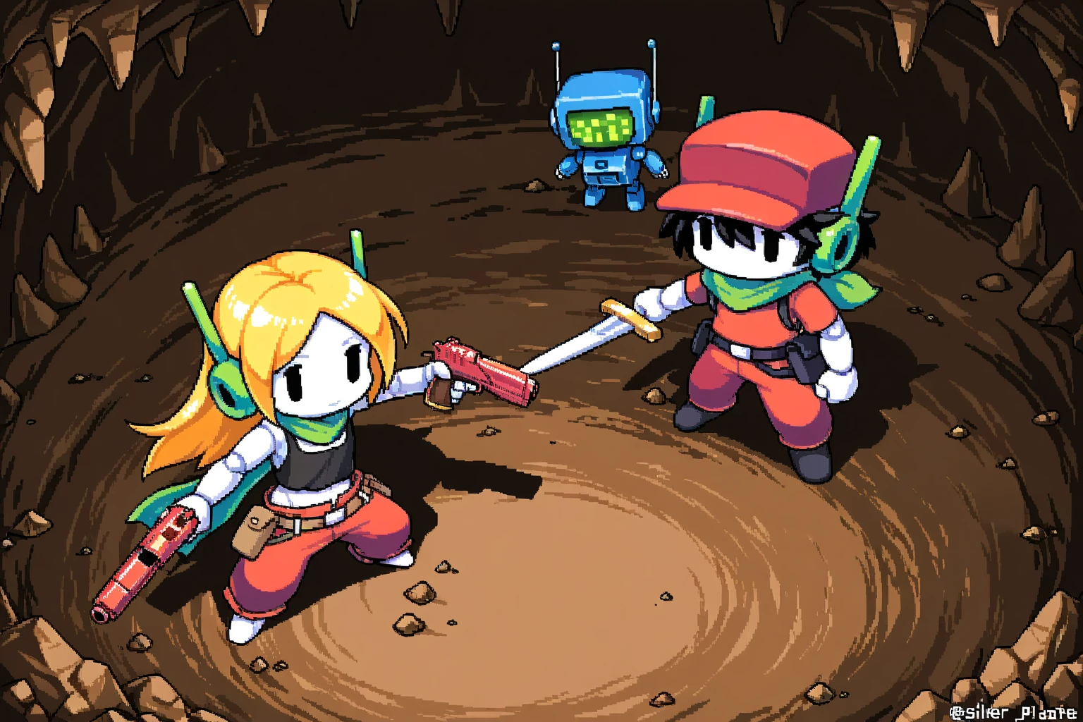 solo,(1couple\(chibi\):1.2). BREAK .1boy\(Mr-Traveler\(Quote,Cave Story\),white skin,(black tank-top),red pants,(green ear:1.3), green headset,red cap\((silver plate)\), black hair, green scarf, robot,holding white sword \). BREAK .1girl\(Curly Brace\(Cave Story\), hold red gun,long blonde,short red shirts,red pants,red gun,robot,open neck,open stomach\). BREAK .from above,pixel,masterpiece,best quality