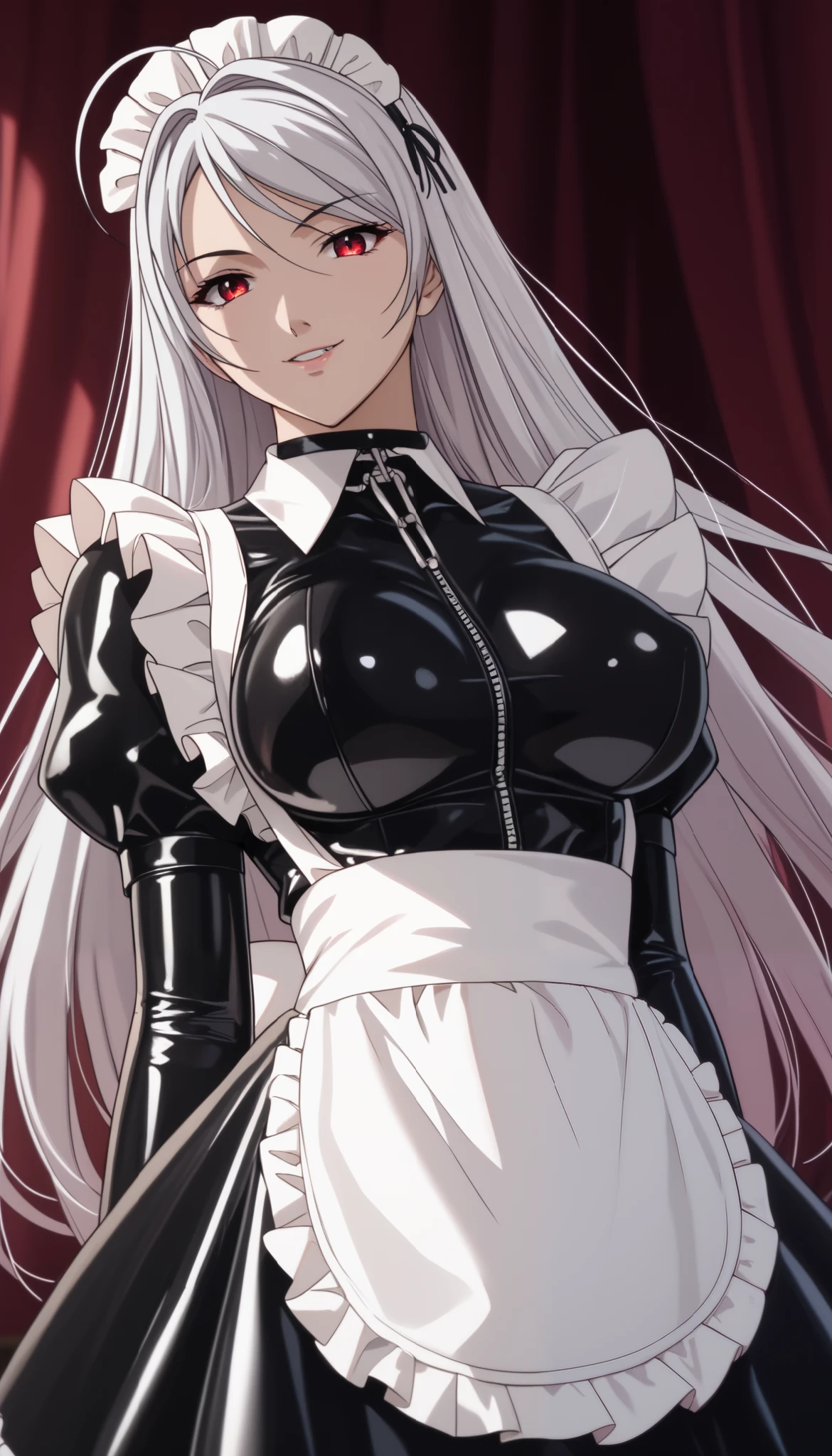 vampire moka akashiya, long hair, red eyes, ahoge, white hair, large breasts, lemon0021, latex bodysuit, maid, maid apron, maid headdress, black dress, latex gloves、Light smile、Shiny Hair、Tight waist、Small waist、Glowing Skin、eight-headed body、Beauty、