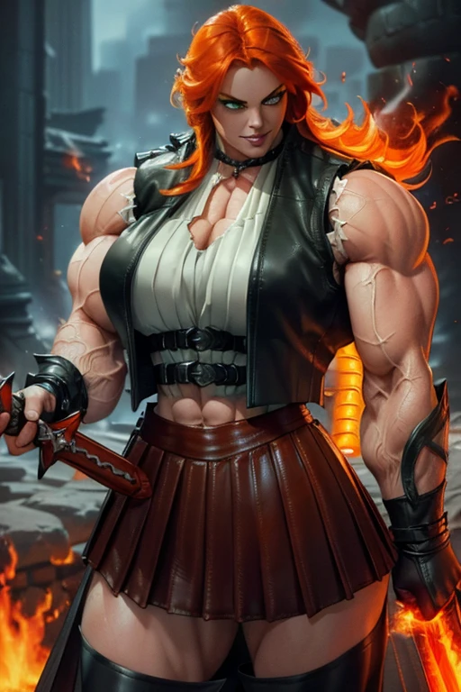 ((Close-up)), tall, (red hair) beautiful muscular asian woman, long hair, pale white skinned, large breast, closed smile, (black lipstick), (massive muscles), (hyper muscle), ((ginormous bulky muscles)) yellow eyes, (((red leather vest))), (((long pleated skirt))), ((carrying a red fire sword)), choker, boots, in a mystical school, 