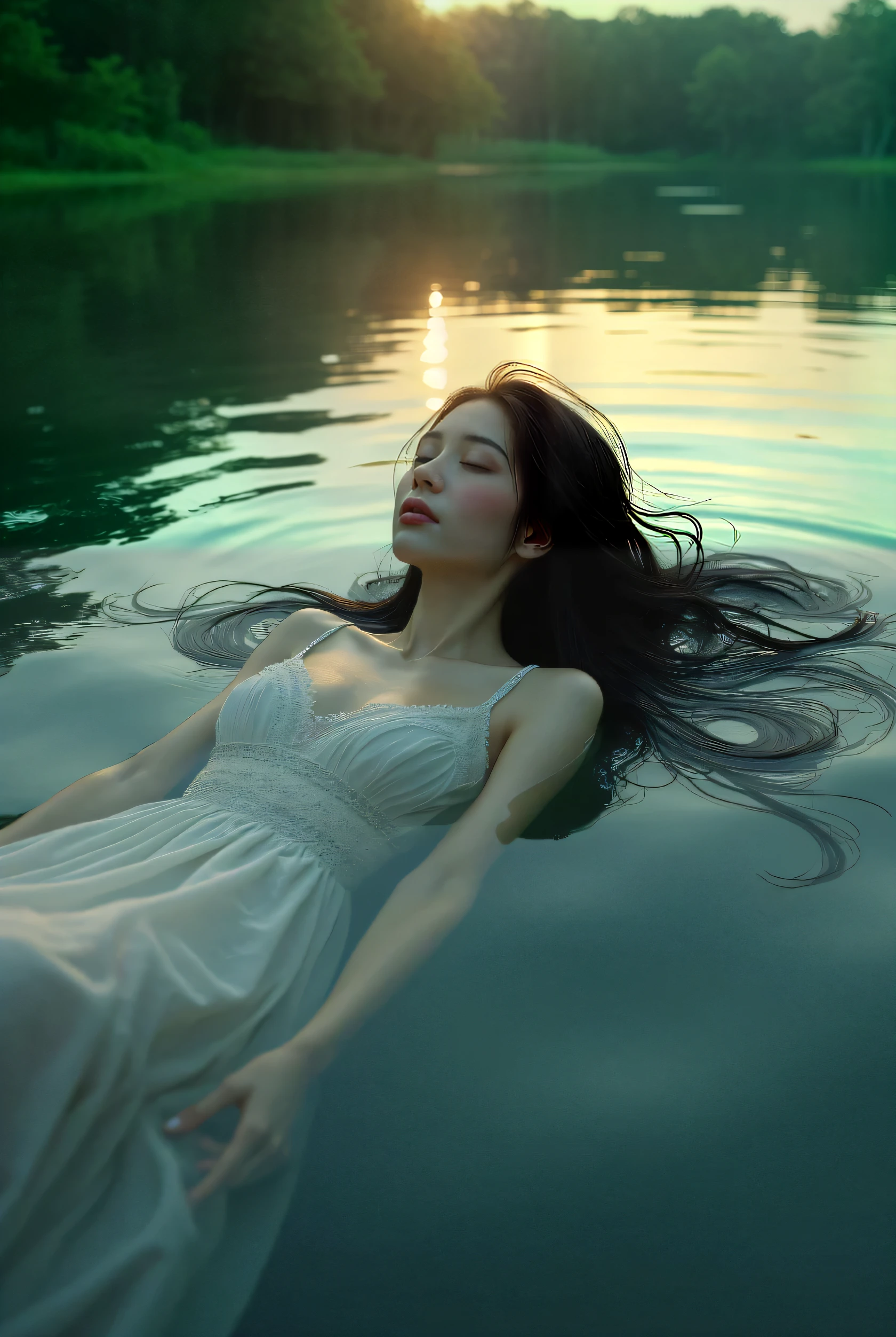 A serene scene of a beautiful Thai-Chinese woman meditating in a lush white floral dress. Adorned with spiritual accessories such as a gemstone necklace, she sits on a cosmic background. Surrounded by large floating planets and delicate and soft light particles. The scent of blooming flowers permeated the air. and gentle water ripples surround the pink lotus in the center. Helps increase the feeling of tranquility.