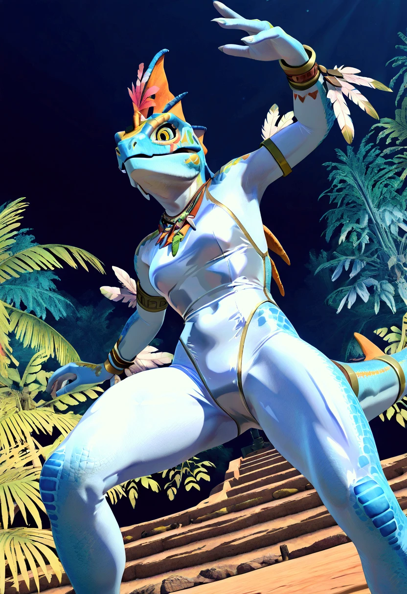 3d , female , SkinkSkirmisher , solo, looking at the viewer seductivly ,scalie ,blue body, blue scales, yellow eyes, simple background, jungle temple background, late night, tropical forest, dense vegetation, wearing edgCarnival, white silver shiny costume with white feathers, one-piece bodysuit, white silver shiny leotard, jewelry, white feather pan, close mouth, good hand, dynamic angle, dancing pose, beautiful face, flawless face, detailed eyes, large eyes, beautiful girl, low angle view, dancing,