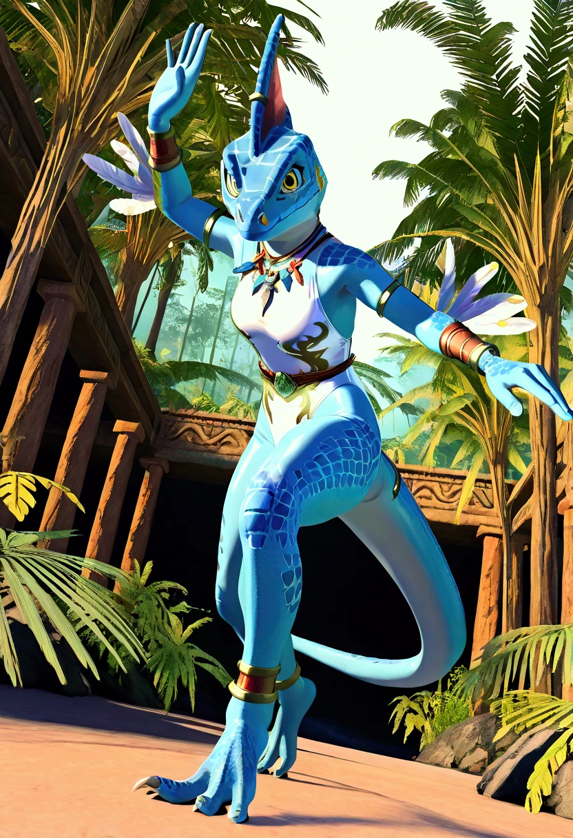 3d , female , SkinkSkirmisher , solo, looking at the viewer seductivly ,scalie ,blue body, blue scales, yellow eyes, simple background, jungle temple background, late night, tropical forest, dense vegetation, wearing edgCarnival, white silver shiny costume with white feathers, one-piece bodysuit, white silver shiny leotard, jewelry, white feather pan, close mouth, good hand, dynamic angle, dancing pose, beautiful face, flawless face, detailed eyes, large eyes, beautiful girl, low angle view, dancing,