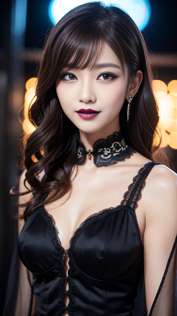 8k, Ultra-high resolution, Highest quality, masterpiece, 三分割法によるphotograph,Surreal, photograph, 1 Girl, (16 years old:1.3), pretty girl, Cute Face, 細部までBeautiful Eyes, 細かくdetailedに,masterpiece,One Girl:1.2,Japanese female announcer,cowboy shot,grin,Black short hair,Messy bun hair,((vampire:1.4)),awe, Natural skin texture、(Medieval European Dress Clothing:1.4)、(Colorful costumes:1.4)、Attractive girl、16 years old、(Perfect female body:1.4)、(女の子のポートレートphotograph:1.4)、(Photorealistic images:1.4),Fantasy art,(Beautiful Face:1.4),Beautiful and attractive eyes、Beautiful Eyes、(Tight waist:1.4)、(9 Beautiful girls with perfect body proportions:1.4),Red lips,(choker:1.4),Looking at the audience,(((Ideal body type))),A-cup small breasts :2,、Portraiture:2、Perfect Anatomy、鮮明なdetailed、detailed,Fashion magazine cover,Thin lips,Gray background ,完璧でBeautiful Face ,完璧でCute Face, Skin with attention to detail, Perfect limbs、Narrow waist,Looking at the audience,(((Ideal body type))),A cup small breasts :2,Portraiture:2,Perfect Anatomy,鮮明なdetailed,detailed,Surreal,Light and shadow,moonlight