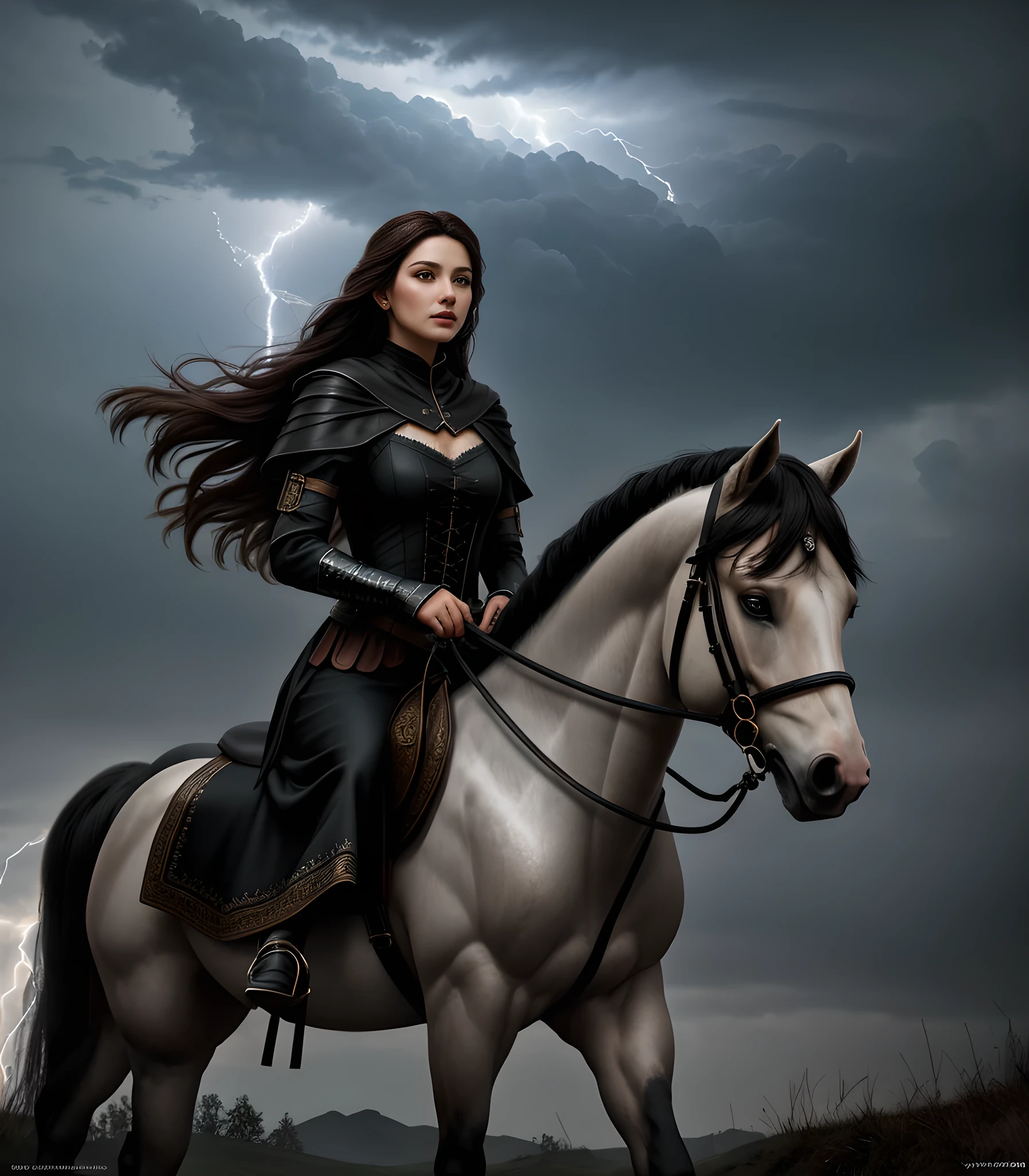 ((best quality)), ((masterpiece)), (detailed), A digital illustration of a long black haired woman riding a dark black horse towards a cliff at night with a stormy sky in the background. She is wearing a full sleeves white dress and has a look of fear on her face.