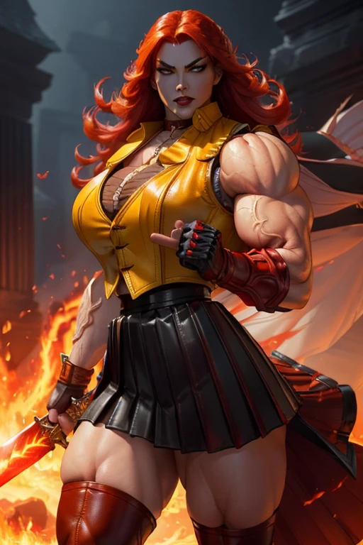 Processus, cheveux orange, grosse poitrine, cheveux longs, cheveux vivants, , seul,, Muscular girl, Grande femelle, sourire, full body, pants, vest, berserker, warrior, revealing cloths, amazone, tribal clothing,walking, kimono