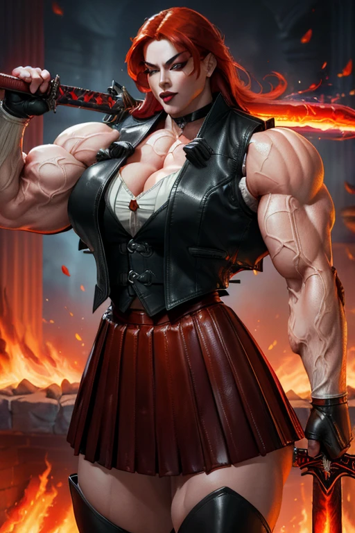 (((Massive tall, beautiful, buff, pale skinned skinned muscular asian woman with red hair, black lipstick, ginormous bulky muscles, winds blowing and wearing a red pleated shirt with beautiful long pleated skirt))), ((close view)), massive muscles, long hair, yellow eyes, choker, ((red pleated shirt and tie)), neck tie, ((beautiful long pleated skirt)), belt, thigh high socks, black boots, (Dark and moody universe:1.3), (in front of a disaster), closed smile, night, massive arms