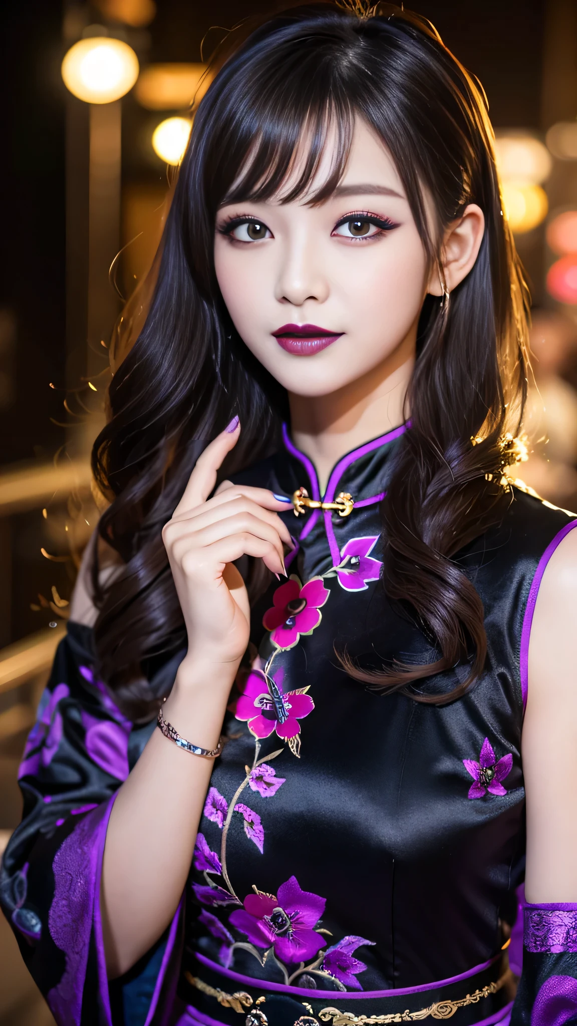 One woman、best quality、ultra-detailed、4k、Japanese、Seductive beauty、seductive adult woman、Pretty Woman、cool girl、Villainess、Brainwash、Fallen into evil、smirk、Evil look、Wicked Smile、evil、Brown hair、wavy hair、swept bangs、dark makeup、dark makeup、piercing eyes、hollow eyes,half-closed eyes、Hollow Eyes、Purple Eyeshadow、black lipstick、black lipglos、Long Black Cheongsam、Wide sleeves、night、inside darkroom、Has a switch、Emblem of Evil、Crest of Darkness、Swear allegiance、I have pledged my allegiance、Dye black、Blackening、Stained with evil、Dyed in darkness、