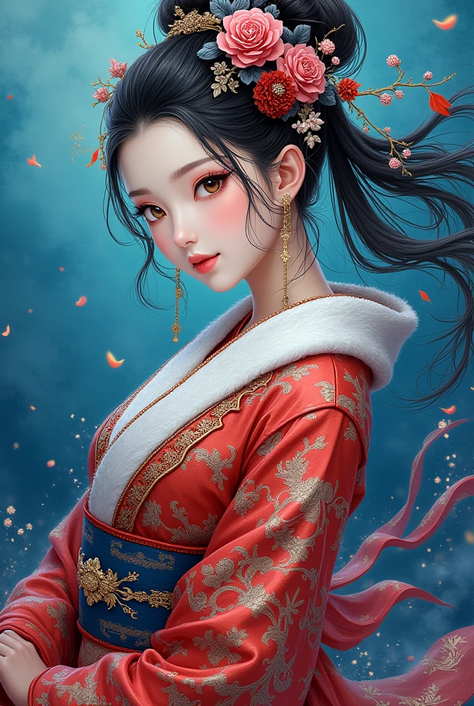 (Masterpiece , PremiumQuality, Best Quality , offcial art, Beautiful and beautiful :1.2), (1girl:1.3), Extremely detailed,(s fractal art:1.2),Colorful,The most detailed,(Zen painting:1.2), (dynamicposes), (blue background :1.5), (traditionalcostumes:1.2), ( shiny skin), (many color:1.4), Upper body