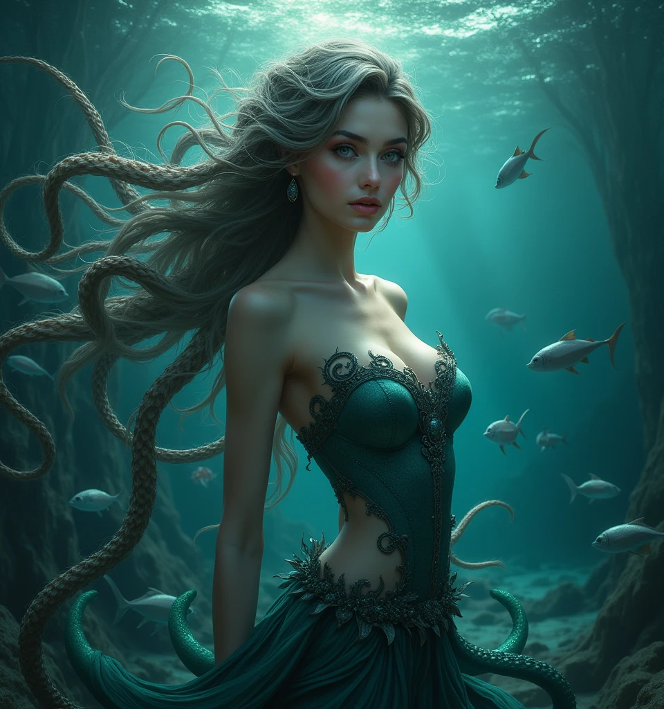 1girl, underwater, skeleton,corpse,Beneath the sea, where tendrils of coral and vines abound, a (mermaid) girl stares at you from amidst a pile of bones and skulls. Her eyes gleam with an eerie light.