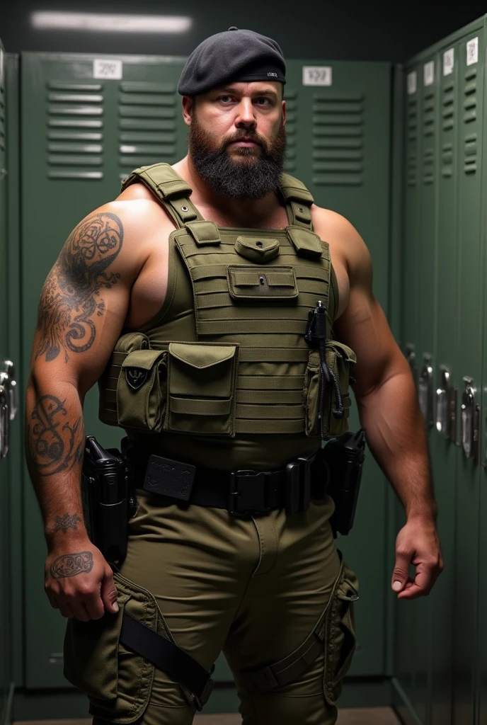 ultra realistic 8k, a 2 white man of Russian descent. ultra resistant army soldier, Does not have a beard. Muscular and corpulent physique of 2,30 meters high(Realist 8K). He wears Brazilian army pants and a heavy vest.(detailed 8k) wearing no shirt .he is in a barracks. He has a tattoo of a cross on his torso.(detalhada e ultra Realist 8K). He wears a gold crucifix too