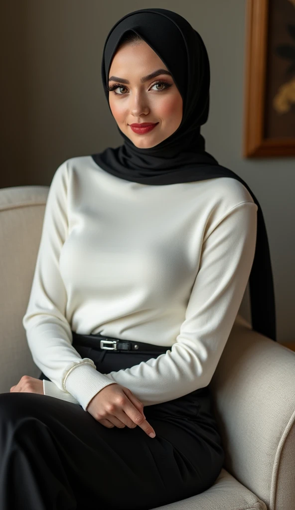 woman,((40 years old)), black hijab, black shirt, beautiful face, white skin, long pants, house
