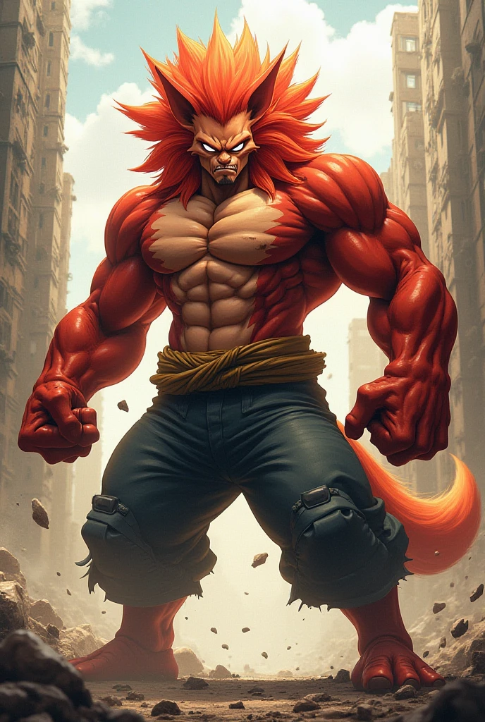 Dragon Ball character,Long white haired man,yellow eyes,shirtless,red fur on his arms, back and the edges of his abdomen,dark blue jeans,black boots,red monkey tail in the middle of a rocky area with an orange sky(anime style/dragónball)