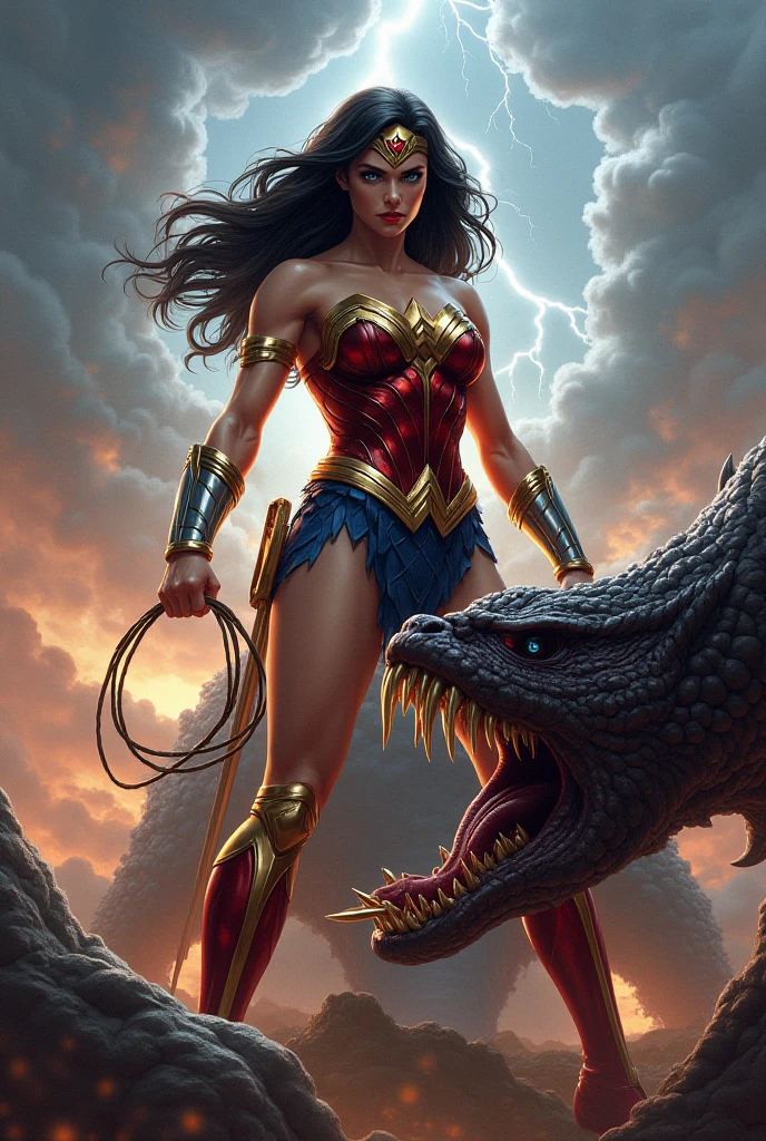 Wonder Woman defeats the dragon,Octopus tentacles,The dragon head bites Wonder Woman's leg,Wonder Woman holding a sword,dragon eyes,a girl, Gal Gadot plays Wonder Woman, sexy body, ??????,??????,Camel toes are clear,Beautiful face,A charming smile,Lively expressions,,seduce。huge breasts, Huge ass, plump body, sexy bra, sexy thong, Background horror、Magic high quality paintings