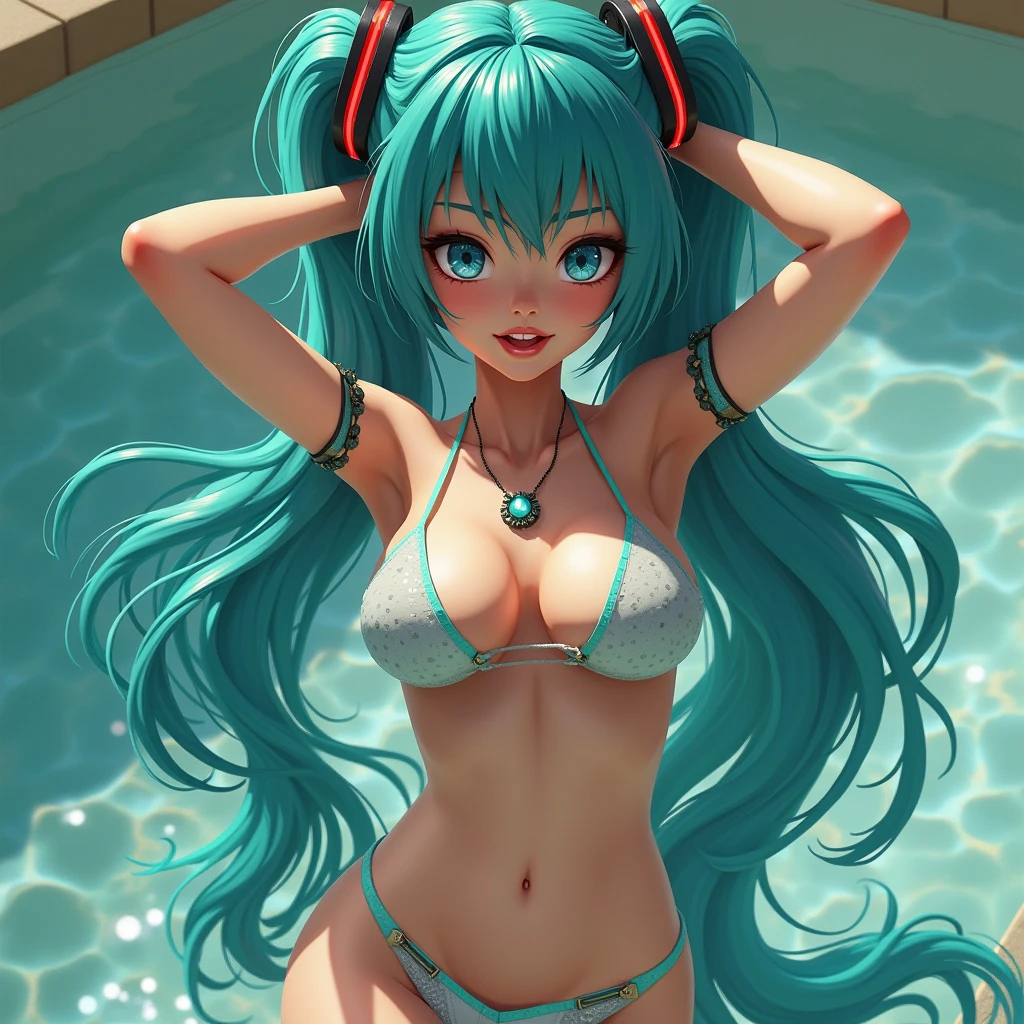 anime girl, 2 piece neon blue bikini, headphones,beach party,dancing,smiling,(best quality:1.2),(ultra-detailed:1.2),(realistic:1.37),HDR,vivid colors,portraits,headphone girl,energetic pose,colorful lights,joyful expression ,anime style, atmosphere,techno music,electronic dance music,beach festival vibes,hip hop beats,festival outfit,expressive eyes,long hairstyle with vibrant green and red color hair, gold eyes, elaborate makeup neon lights,beaming smile,positive vibes,high-energy performance,stylized backgrounds,colorful visuals,excitement in the air, mid body portrait, sitting 
