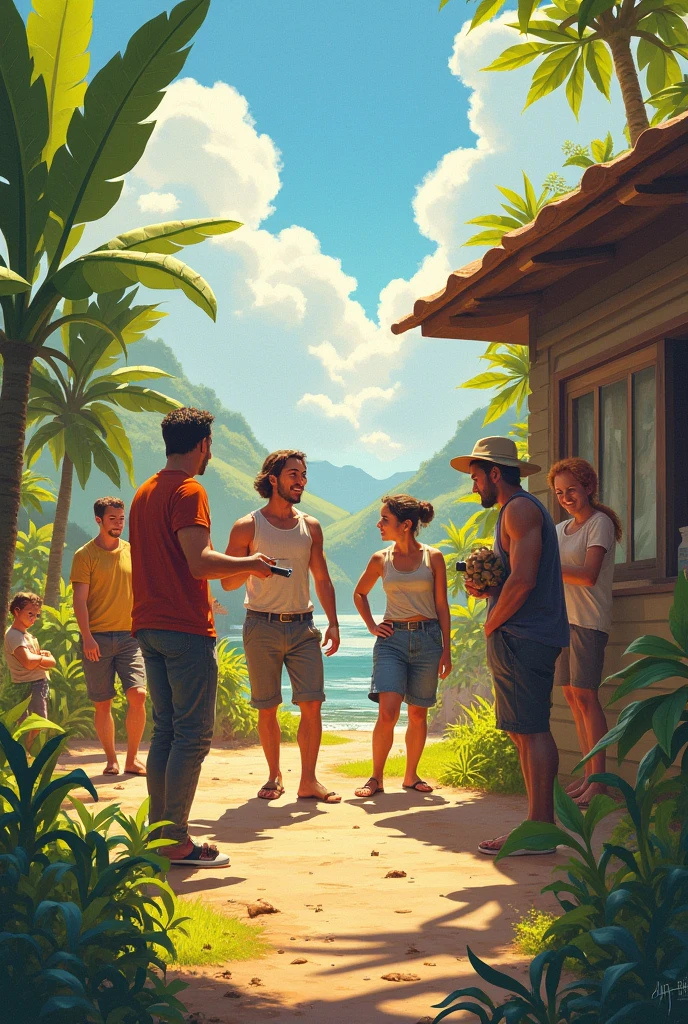 ((9 castaways, survivants, on an island, construction d'une cabane, d'un abris)) ((Lots of details on the face, important de bien dessiner les personnages, 9 hommes)