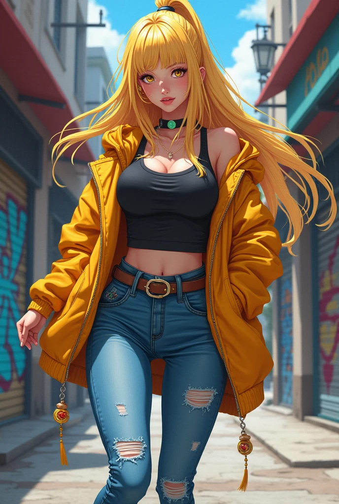 Original Character, Volumetric Lighting, Best Shadows, Shallow Depth of Field, Portrait Of Stunningly Beautiful Girl, , Delicate Beautiful Attractive Face With Alluring Yellow Eyes, Messy Painted Face, Sharp Eyebrows, Broadly Smiling, Open Mouth, Fangs Out, Lovely Medium Breasts, Layered Long Twintail Blond Hair, Blush Eyeshadow, Thick Eyelashes, Applejack Hat, Oversized Pop Jacket, Mini Underboob Tee, Open Navel, Slim Waist, Denim Jeans Pants, With Buckle Belt, In The Graffiti Alley, Waste Container, Outside Stairs, Outdoor Unit, Holding Spray Paint Can, Standing, (Highest Quality, Amazing Details:1.25), (Solo:1.3), Brilliant Colorful Paintings