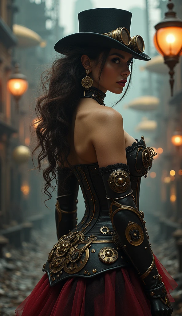 A sultry woman in a corseted leather bodysuit, adorned with copper accents and intricate clockwork mechanisms, stands confidently amidst a fog-shrouded cityscape. The atmosphere is dimly lit by flickering gas lamps, casting long shadows across her curves. Her gaze pierces through the mist as she holds a ornate, steam-powered revolver, its brass plating reflecting the faint moonlight. Dark, mystical energy swirls around her like a tangible aura.