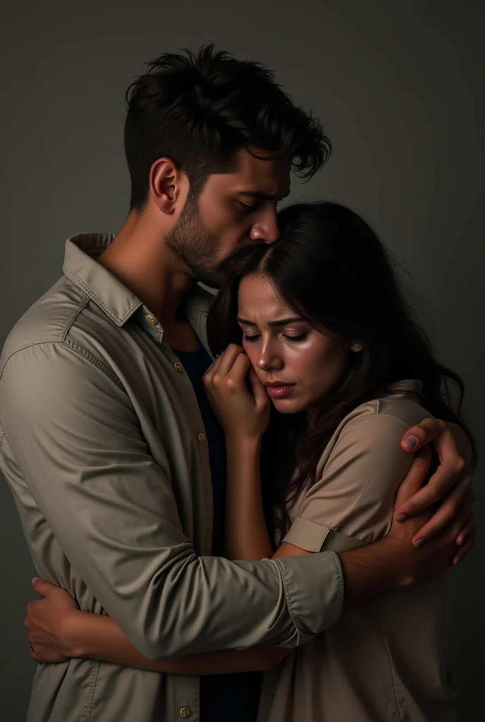 "A woman is on the back of a man, gently holding onto his shoulders, sharing an intimate and tender moment together, light clothes, 30s, round face, cinematic appearance, detailed.