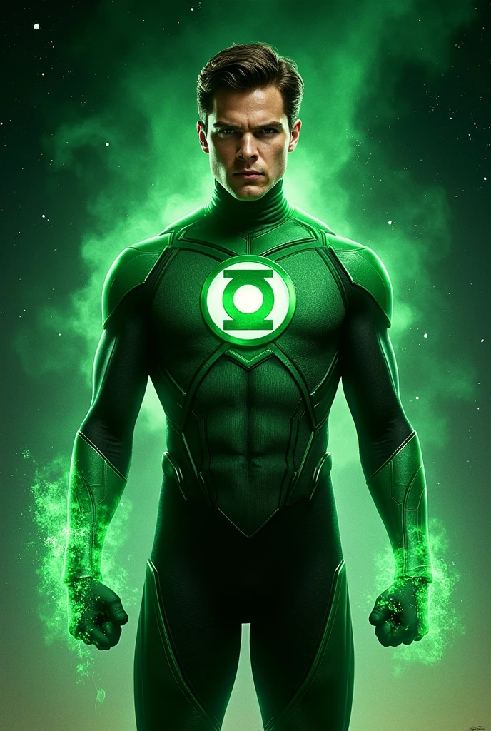 ((best quality)), ((masterpiece)), (detailed), a full body shot of Alex Vincent as a Green Lantern, with a determined look on his face, complete with a beard. 

The suit is primarily a deep emerald green, made from a sleek, form-fitting material that seems to shimmer with an inner light. Black accents run along the sides and shoulders, providing a sharp contrast and highlighting his athletic build.

The iconic Green Lantern emblem is prominently displayed on his chest, glowing with an intense white light that pulses with his willpower. 

His mask is streamlined, fitting snugly over his eyes, with a slightly metallic sheen that offers protection and anonymity.

Alex's gloves and boots are reinforced with a subtle, textured pattern for enhanced grip and durability.