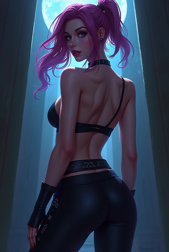 Jinx from arcane with yoga pants and toga top really femdom from back and looking at viewer 