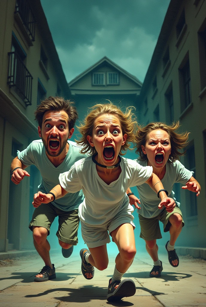 Visual Running Crazy Two men and a woman with a crazy funny face running away from an insane ...