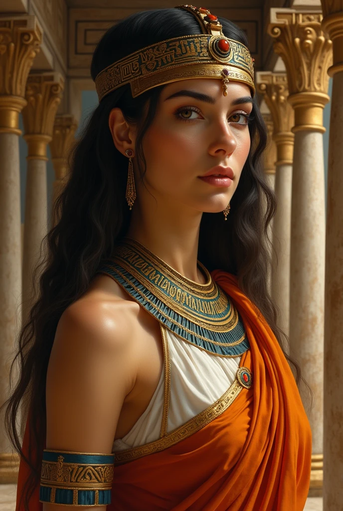 A realistic portrayal of Cleopatra, the last Pharaoh of Ancient Egypt, based on historical descriptions and artifacts. Cleopatra is depicted with a medium-dark complexion, reflecting her Macedonian Greek and Egyptian heritage. Her face is adorned with subtle yet distinctive features—a slightly aquiline nose, almond-shaped dark eyes, and a strong, intelligent gaze. She wears a traditional Egyptian headdress with a uraeus (rearing cobra) at the front, symbolizing her status as queen. Her hair is styled in tight, intricate braids adorned with golden beads, reminiscent of ancient Egyptian styles seen in tomb paintings and sculptures.  Cleopatra's attire is a finely woven, sleeveless white linen dress, draped elegantly over one shoulder, with a wide collar necklace made of lapis lazuli, carnelian, and gold, reflecting the wealth and craftsmanship of Ptolemaic Egypt. In one hand, she holds a papyrus scroll, representing her intelligence and education, while the other rests on the hilt of a short, ornate dagger, symbolizing her political power. The background is a dimly lit, richly decorated throne room with hieroglyphs etched into the walls, a glimpse of the Nile River visible through a distant window, blending the grandeur and mystery of her reign.