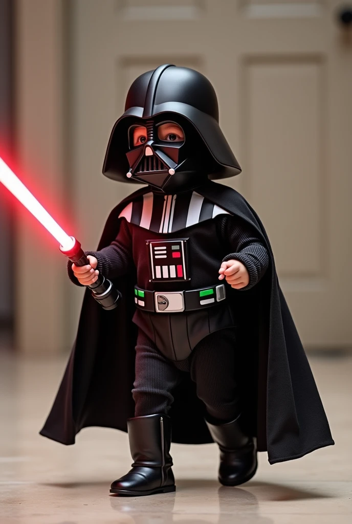 A cute and playful image of a baby dressed as Darth Vader, complete with a miniature lightsaber in hand. The baby's face is obscured by the iconic black helmet, but a joyful smile can be seen through the tiny visor. The background features an intergalactic setting, with stars and a few spaceships flying by, creating a sense of adventure and excitement.