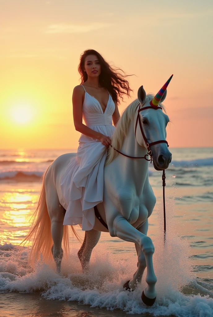 A beautiful Italian female supermodel, with long straight black hair, 2, inspiring, riding on a white unicorn horse, wearing only a shiny red satin bra in the foreground of a purple flower.  Riding a horse, he is happy.  fit  Raised chest. Excellent quality, high detail.   8k image, low angle.   Dutch shot, look.   Her breasts are prominent, her attractive and attractive figure is happy