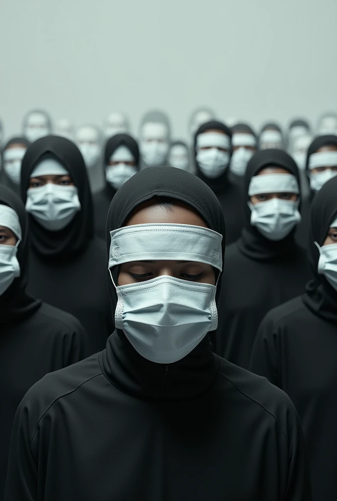 Uncountable amount of clones standing in rigid rows, faceless and indistinguishable, mass-produced with no individuality or differences, their expressions as uniform as their appearance, resembling nothing more than plain, robotic beings. Their monotonous pose adds to the sense of sameness, creating a haunting tableau of uniformity and lack of distinct identity. Despite the absence of variation, the scene can't help but leave one feeling uneasy, with an unshakable sense of unease creeping in as one contemplates the implications behind this sea of sameness. The clones' features are all meticulously identical, from their blank expressions to their perfectly aligned bodies, giving off an